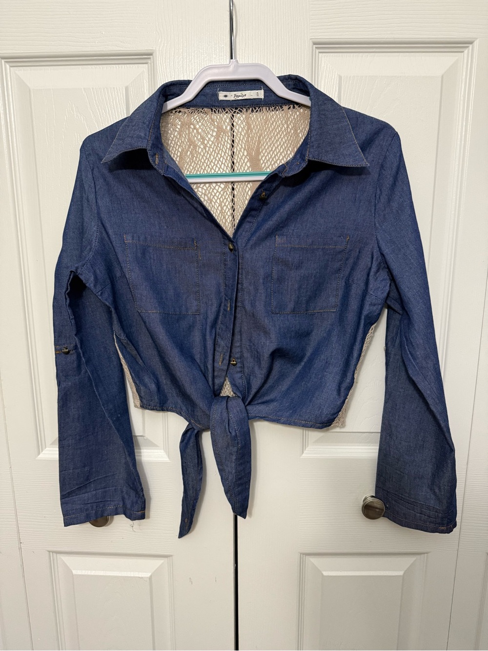 Papaya  USA Denim-Look Button Down Tie Front Shirt Jacket - Blue Size L